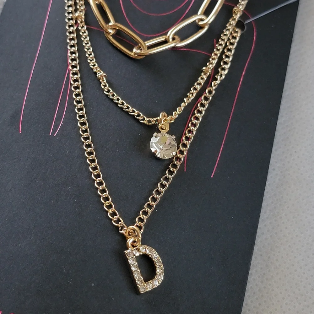 3 Strand Letter D Rhinestone Initial Necklace